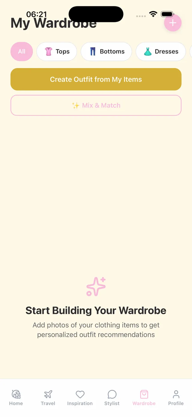 Dressed digital wardrobe screen with categorized clothing items